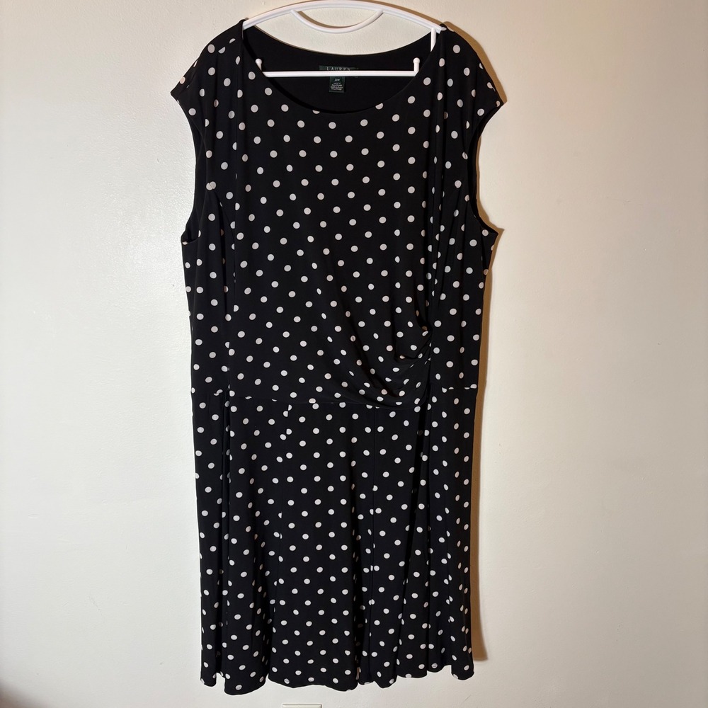 Lauren Ralph‎ Lauren Polka Dot Faux Wrap Dress Size 20W Black White Sleeveless